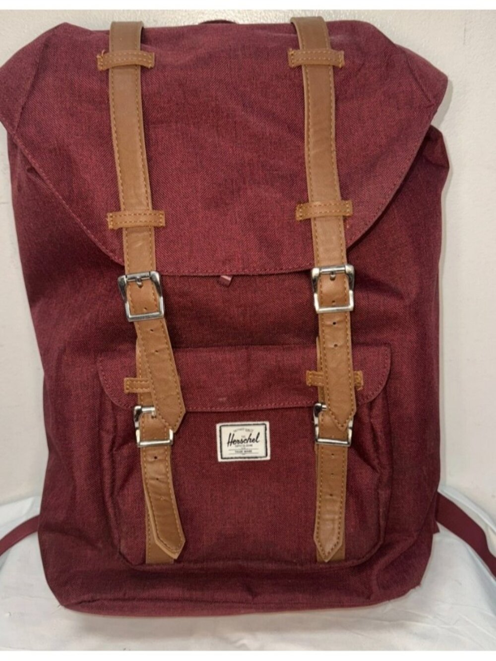 Herschel Little America Backpack Maroon Canvas With Brown Faux Leather Straps NW